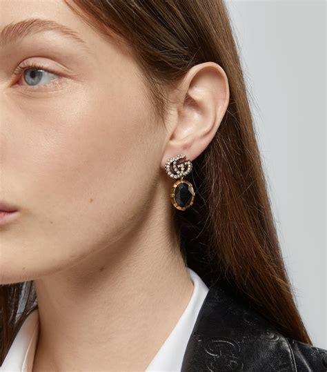 gucci crystal-embellished double g earrings - black|Double G Earrings With Chain & Clear Crystals .